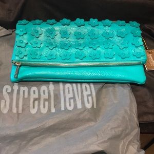 NWT Teal Flower Pleather Fold Over Clutch